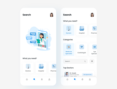 Medical Mobile App -Search app cards clean icon illustration minimal typography ui ux web