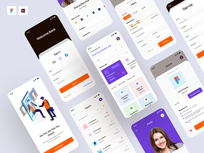 Job Finder Mobile App app branding clean color design filter home job preview login minimal mobile app product preview profile search signup splash screen typography ui ux web