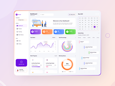 SaaS: Task Management Dashboard admin calender cards chart dashboard dashboard design icon interface minimal pie chart progress project project managment status todo uiux webdesign