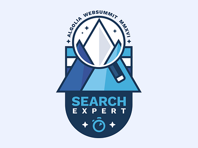 Algolia Search Expert badge blue magnifying glass mountains search t shirt vector websummit