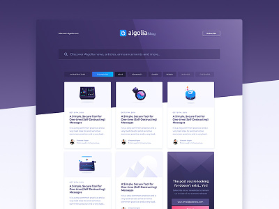 Algolia Blog redesign algolia blog categories home page post purple ui web