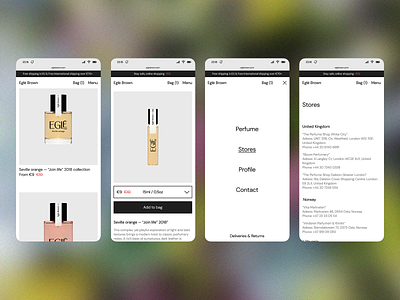 Eglė — mobile design digital e commerce fragrance minimal mobile perfume responsive typography ui ux website