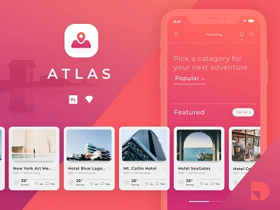 Explore Atlas: A travel app UI kit from InVision free freebie invision mobile photoshop sketch travel ui ui kit