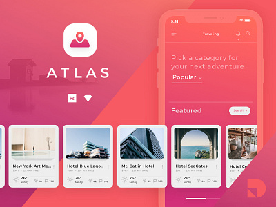 Explore Atlas: A travel app UI kit from InVision free freebie invision mobile photoshop sketch travel ui ui kit