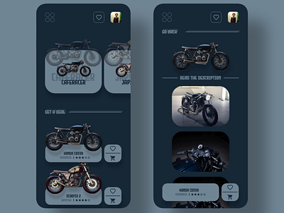 Custom Motorcycle App UI Design adobexd app article dark dark blue design figma motorbike motorcycle ui uidesign uiuxdesign