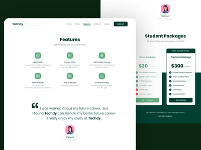 Techdy: Features Page course figma green online course school student ui uidesign