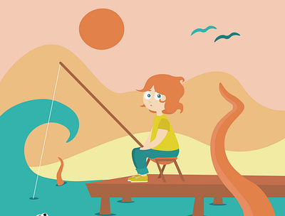 Little girl fishing character illustration vector