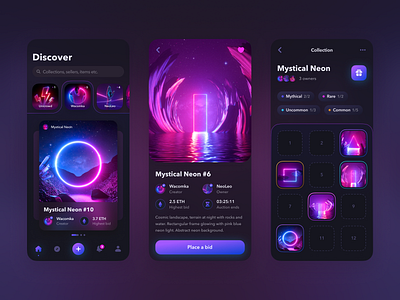 NFT Discover & Collection app collection crypto dark details discover ethereum explore home info ios mobile neon nft violet