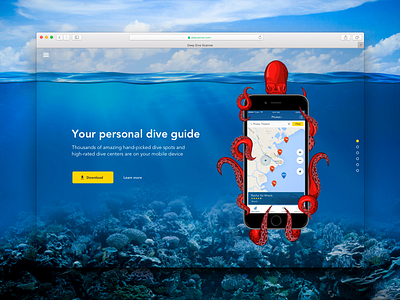 Landing page for diving app android app diving entertainment ios octopus underwater. landing web website