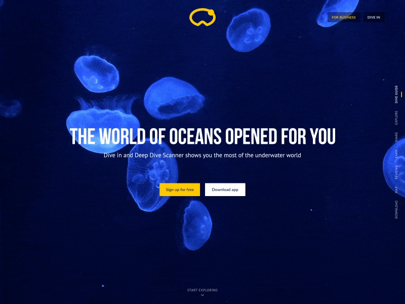 Landing page for diving app