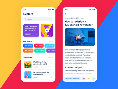 TrendNews – International News App blue browse clean color details discover explore ios mobile news newsfeed newspaper post tags ui ux white