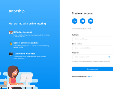 Tutorship - Create an account design edtech product design sign up ui ux