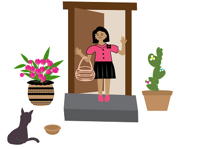 Cat loving girl illustration