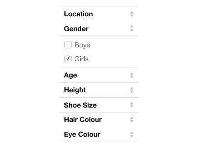 Result filter for a kid's modelling agency filter ui design user interface design website