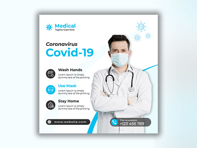 Medical health banner about coronavirus, social media Instagram awareness coronavirus covid 19 creative modern new popular premium psd banner psd design psd template recent social media design square flyer template unique