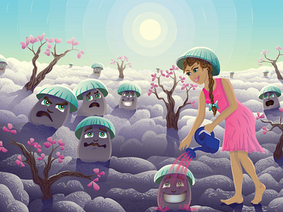 magic mushroom glade fairy fairy tale fantasy illustration векторная иллюстрация волшебная лейка волшебная поляна волшебница волшебные грибы галюциногенные грибы грибная поляна грибы девушка с лейкой детская иллюстрация лейка персонаж персонаж волшебница поляна поляна на облаках природа