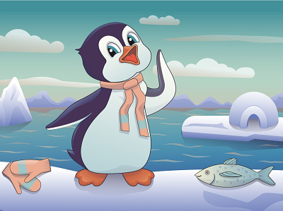 happy penguin fairy tale illustration антарктика детская иллюстрация забавная иллюстрация забавный пингвин зима иглу морской пейзаж настроение пейзаж персонаж пингвин холод южный полюс