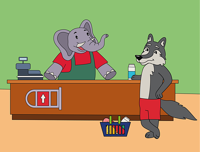 wolf and an elephant in a store character elephant character wolf elephant cashier fairy fairy tale illustration wolf векторная иллюстрация волк волк и слон детская иллюстрация персонаж персонаж волк персонаж слон слон слон кассир