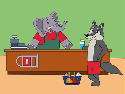 wolf and an elephant in a store character elephant character wolf elephant cashier fairy fairy tale illustration wolf векторная иллюстрация волк волк и слон детская иллюстрация персонаж персонаж волк персонаж слон слон слон кассир