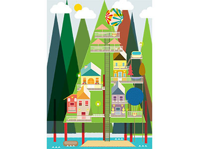 Little Houses On Pine Tree art design digital graphic illustration imagination treehouse
