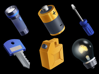 Game Graphics Icons ability battery canister cg design flashlight game art game design graphic design icon illustration key light bulb screwdriver wrench