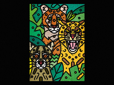 Wild Cats - Jaguar, Cougar & Ocelot animals art print cats contemporary fauna illustration jaguar jaguars jungle leaves line art modern nature ocelot puma safari wild wild cats wildlife zoo