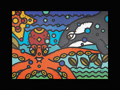 Sea Animals - Orca, Octopus & Starfish animals art print contemporary fauna illustration line art modern nature ocean ocean life octopus orca sea sea animals starfish waves whale wild wildlife zoo