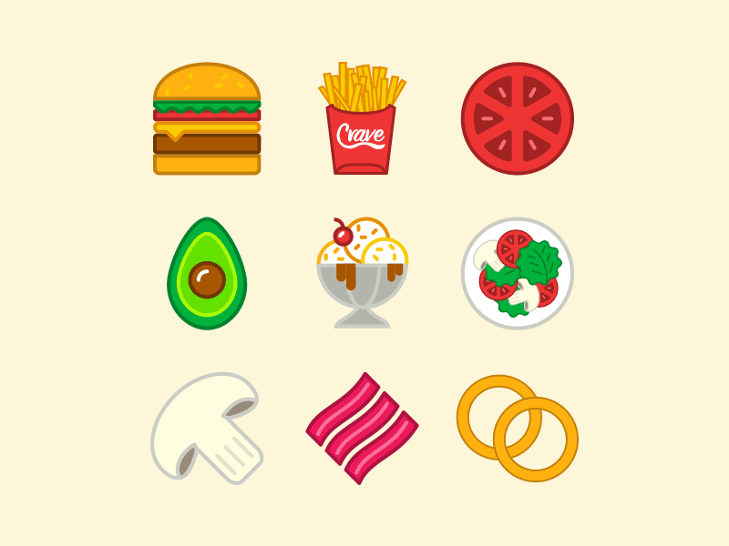 Fun with food avocado bacon burger chips crave icecream logo mushroom onion salad sundae tomato