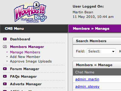 Woohoo Bingo CMS, v2 admin cms interface