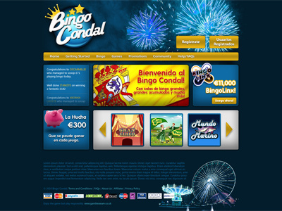 Bingo site home page (full) bingo blue design ferris wheel fireworks gold website yellow