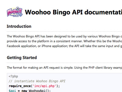 Woohoo Bingo API documentation api design documentation minimalist website
