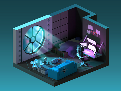 Cyberpunk room cyberpunk faceted isometric low poly room