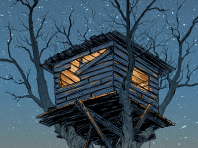 Treehouse closeup branches comedy drawing illustration ink pen poster tree treehouse wip wood