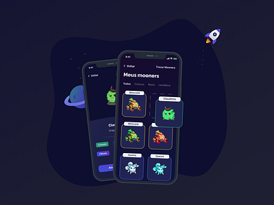 Illustration Mooney App app app design dark mode dark theme design illustration mobile monster planet rocket space ui