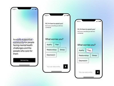 Mental health app assistant chatbot color community comunication design mental health minimal ui