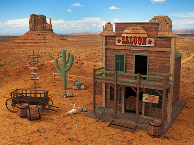 Wild West 3dsmax environment game design modelling render saloon texac vray western wild west
