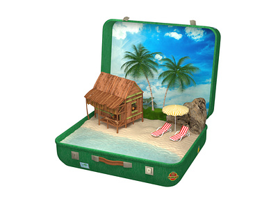 Tropical beach in travel suitcase 3dsmax environment game art game design modelling ocean palmtree suitcase travel bag tropical beach vacation visualization vray