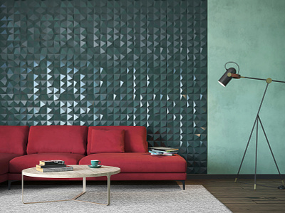 Living room visualization 3dsmax corona render green interior living room panels red sofa visualization