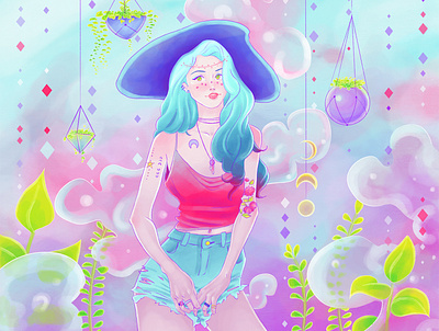 Magic of a Witch art blue hair clouds colorful colors flowers illustration magical magical girl manga moon procreate procreate art witch witchy