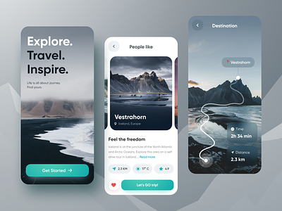 Travel App app application booking cards design destination graphic ios jorney map mobile mountains photo social travel travelling trip typography ui ux