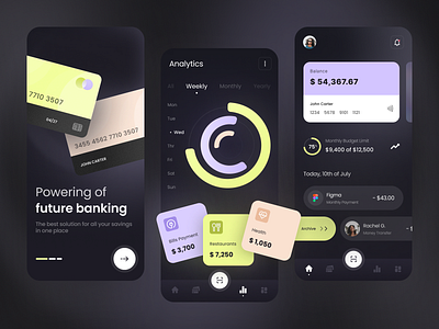 Mobile Banking App analytics app application banking card categories charts colors credit dark design finance fintech graphs mobile round splash stats transactions ui