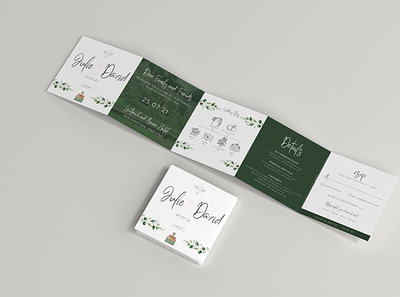 Five Fold Wedding Invitation card design event folded green white illustration invitation square wedding invitation