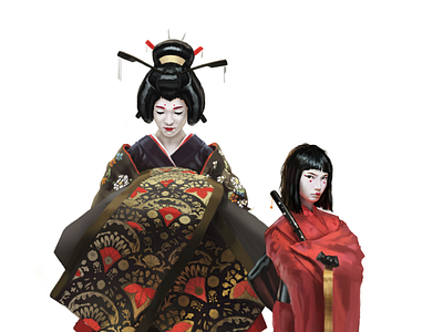 Feudal Japan - Oiran + Kamuro character concept art concept design design geisha illustration japan japanese art japanese culture