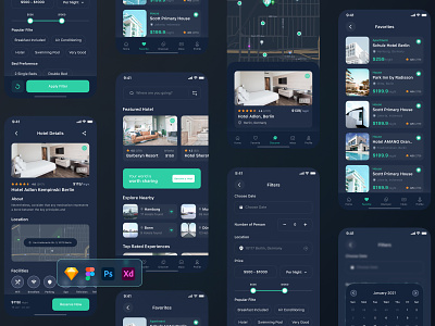 BookLe - Booking UI kit Concept Dark- VOL-02 booking directory hotel listing ticket ui ux