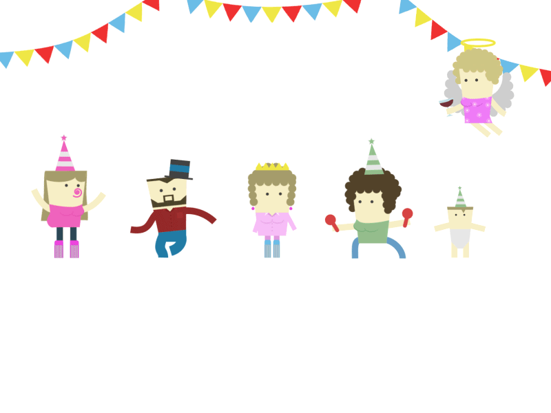 Birthday party baby character dad dance gif granny hat illustration mom motion run sister