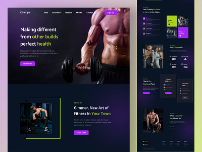 Fitness - landing page design about us abs workout bodybuilding daily ui challenge dark mode fitness fitness app fitness landing page footer gym hero section landing page modern design pricing treadmill ui ui designer uiux ux workout