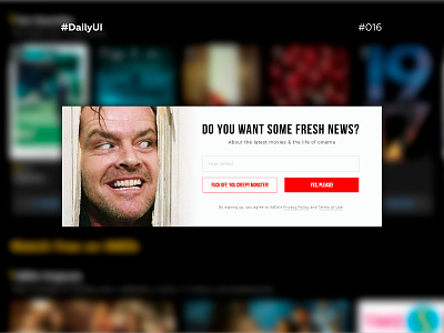 DailyUI #016, pop-up / overlay daily challenge dailyui dailyui 016 imdb jack nicholson newsletter overlay popup shining ui ux