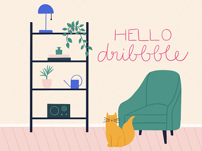 Hello Dribbble! cat debut illustration plant procreate room