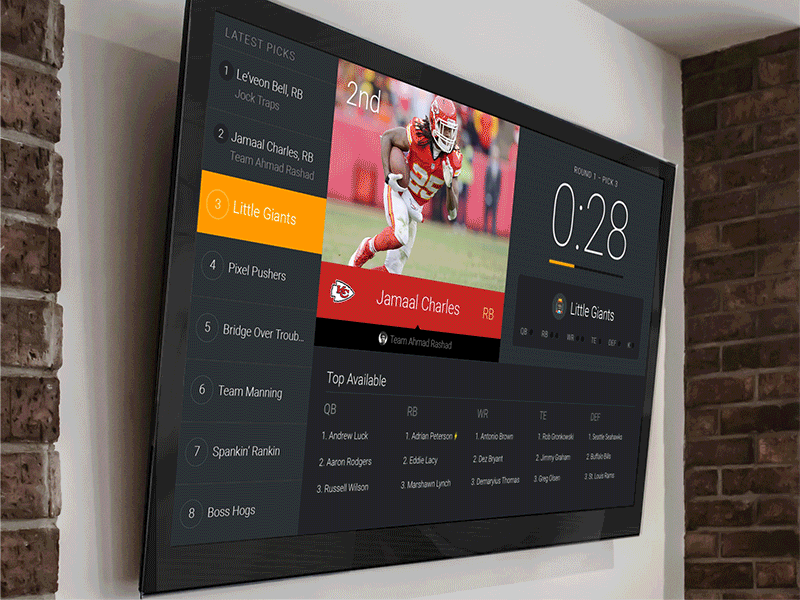 Fantasy Football Draft Screen Prototype animation dark dashboard fantasy football modern nfl roboto second screen tv ui