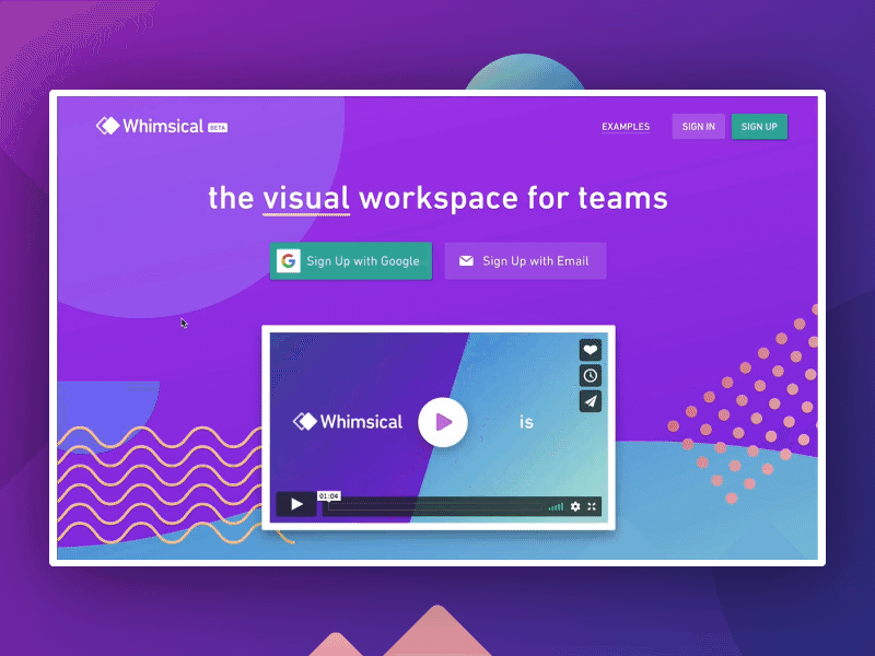 Whimsical – The Visual Workspace for Teams colorful diagrams din flowcharts fun geometric homepage modern purple shapes ui